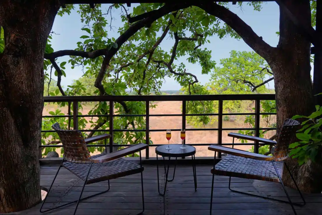 Open tree house balcony overlooking the forest at Pench Tree Lodge