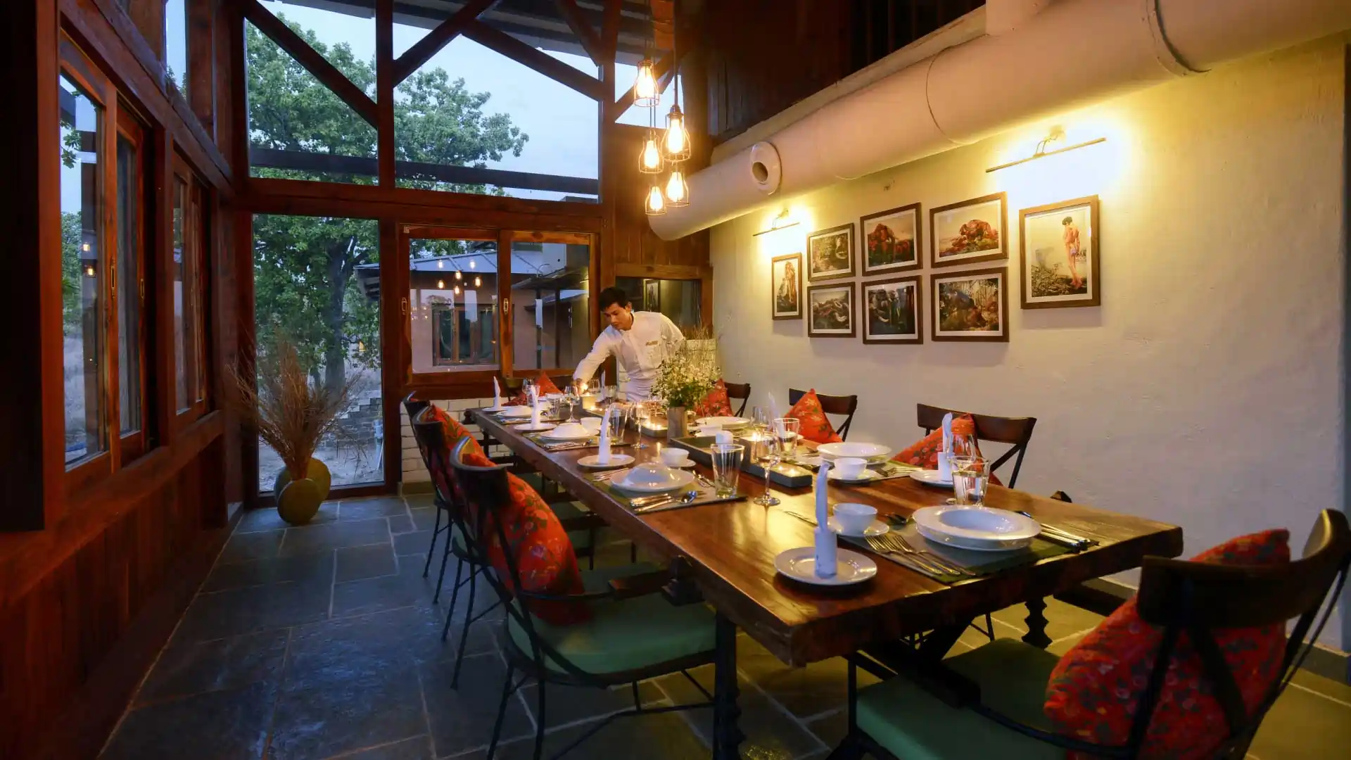Dining room interior at Pench Tree Lodge