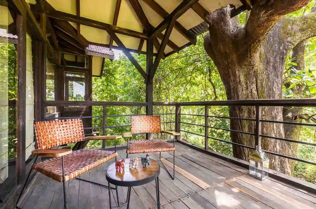 Private tree house balcony at Pench Tree Lodge