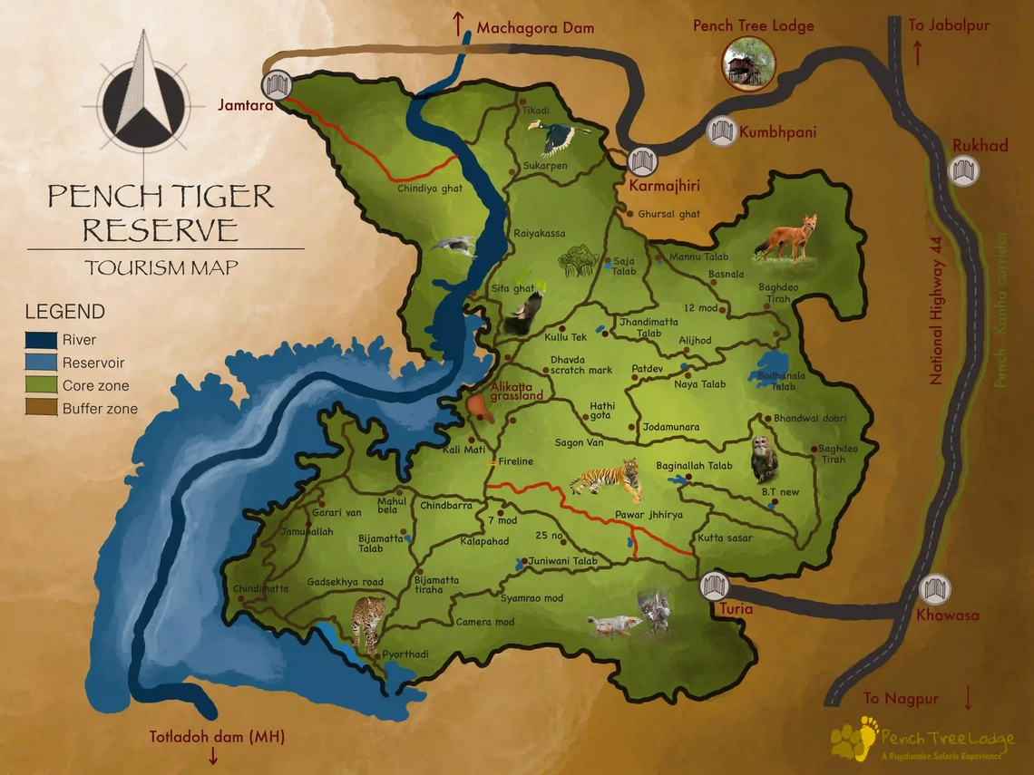 Map of routes to Pench National Park and Pench Tree Lodge